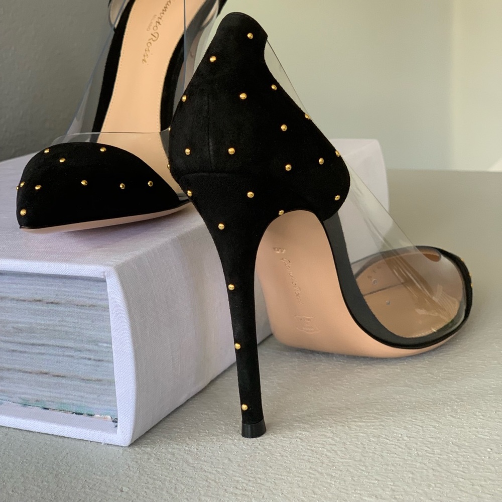 Black suede, plexi glass, studded pumps
